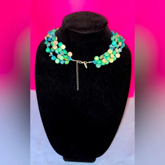 Vintage NY & Co Turquoise Abalone Shell Multi Stranded Necklace w/Clear Quartz - Picture 3 of 5